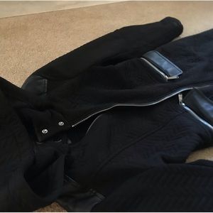Reitmans black long coat with leather accents